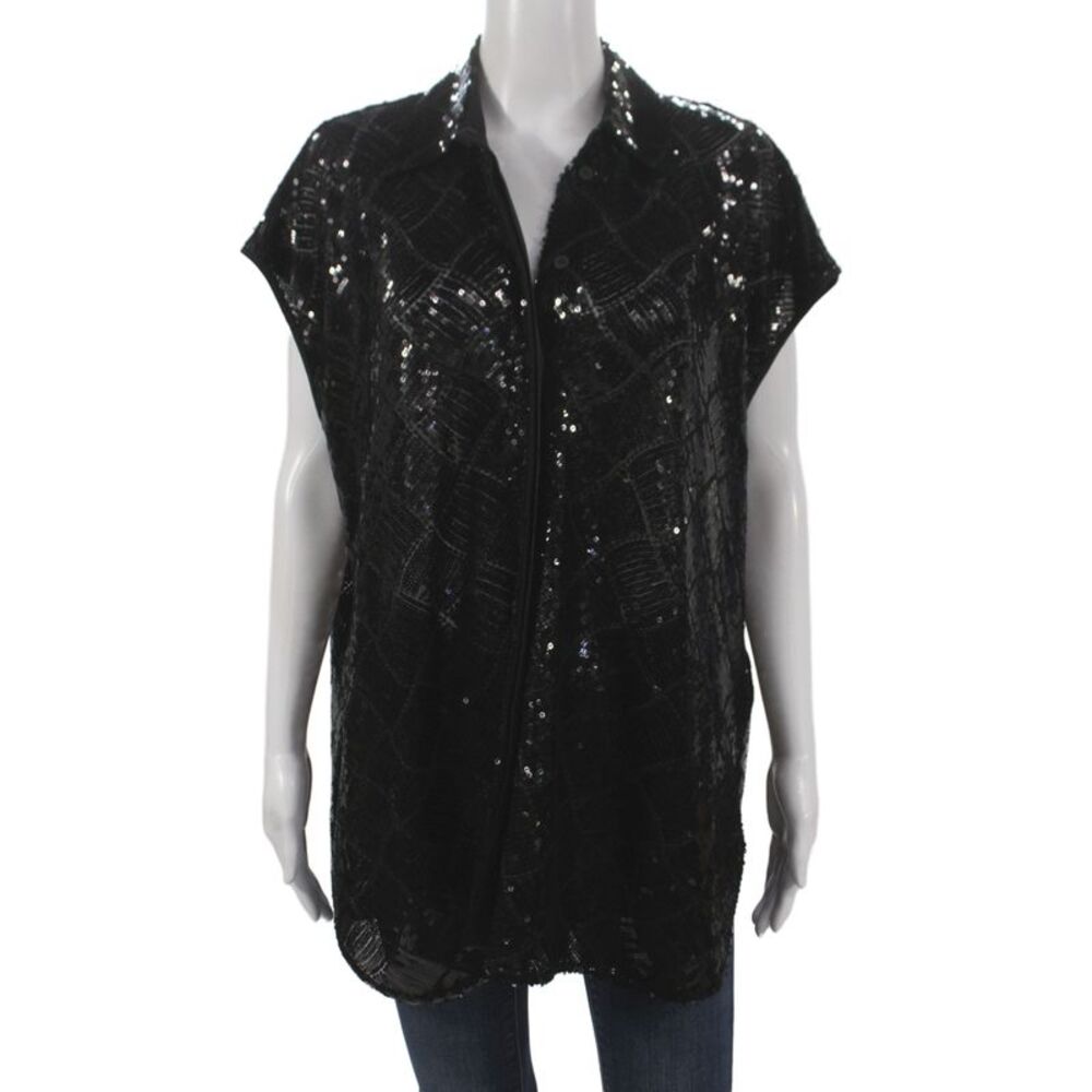High Women Black Collared Geometric Short Sleeve Tunic Button-Up Party Size 6
